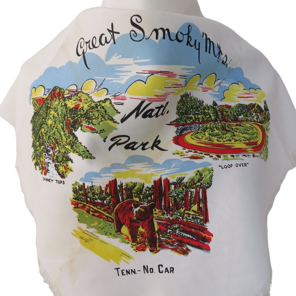 VINTAGE Great Smoky Mountains National Park Souvenir Scarf White Square Fabric - Picture 3 of 5